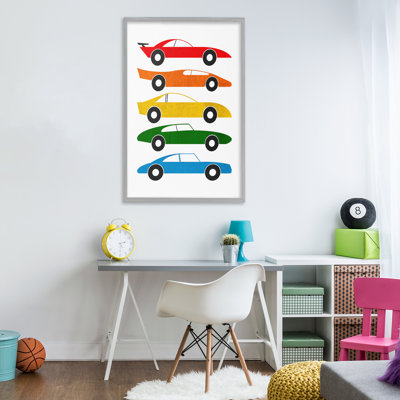 Giclée encadrée de voitures colorées Mid-Century, design par Tom Quartermaine