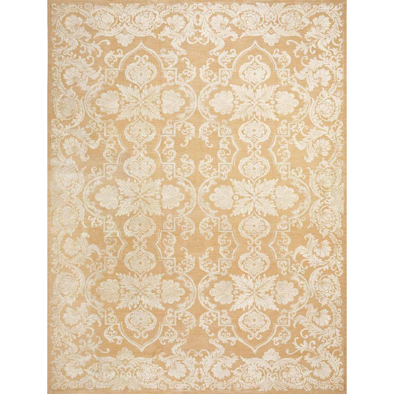 Tapis unique en laine noué à la main brun clair / blanc 9 pi x 12 pi