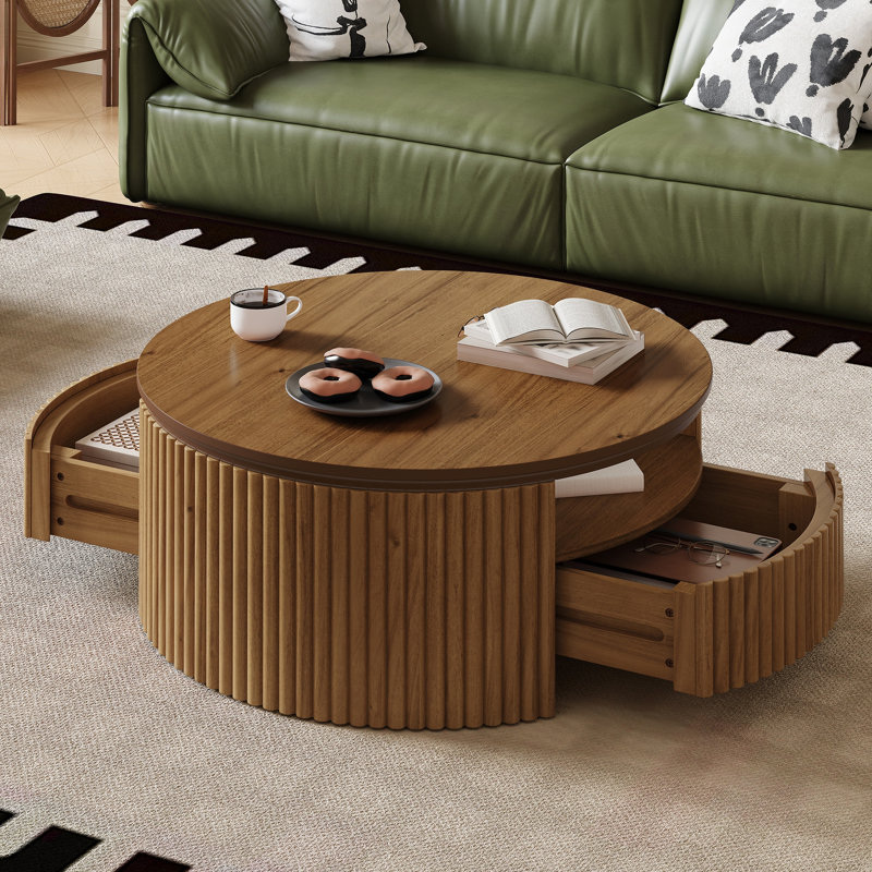 Table basse ronde cannelée en noyer de style Mid-Century, table basse cylindrique en bois massif avec tiroirs de rangement dissimulés intégrés