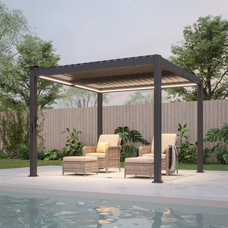 Modern Aluminum Pergola with Adjustable Louvers, LED Lights, and Solar Charging, 10 ft × 10 ft