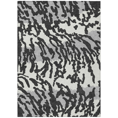 5' X 8' Black Gray And Ivory Animal Print Washable Indoor Outdoor Area Rug