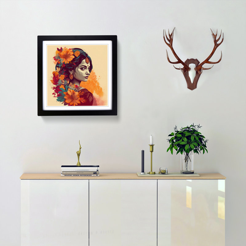 Indian Woman Floral - Single Picture Frame Print on Wood, Black
