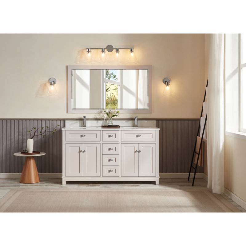60" Finish Solid Wood Sink Vanity With 1' Artificial Stone Top, Dreamy White, Polished Chrome