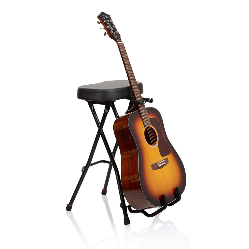 Foldable Guitar Stool With Padded Seat And Rear Mounted Guitar Hanger
