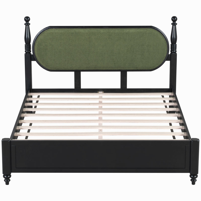 Queen Bed Frame, Solid Wood Platform With Slats, Upholstered Headboard, Black/Green