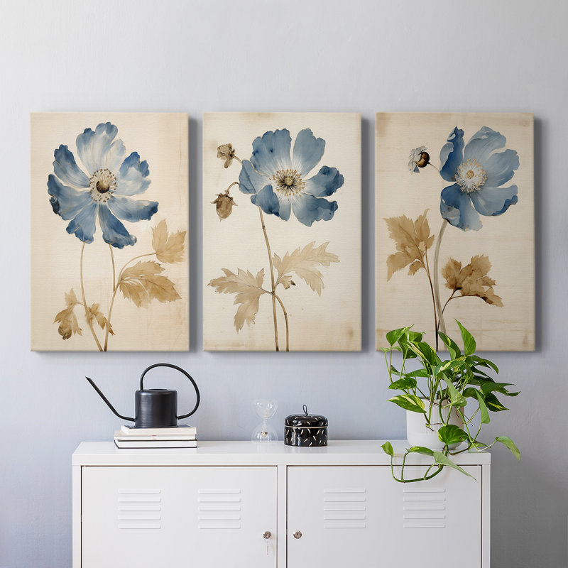 Étude florale XXI - ensemble de 3 toiles tendues avec châssis - prêt à être accroché, H 12 po x l 8 po