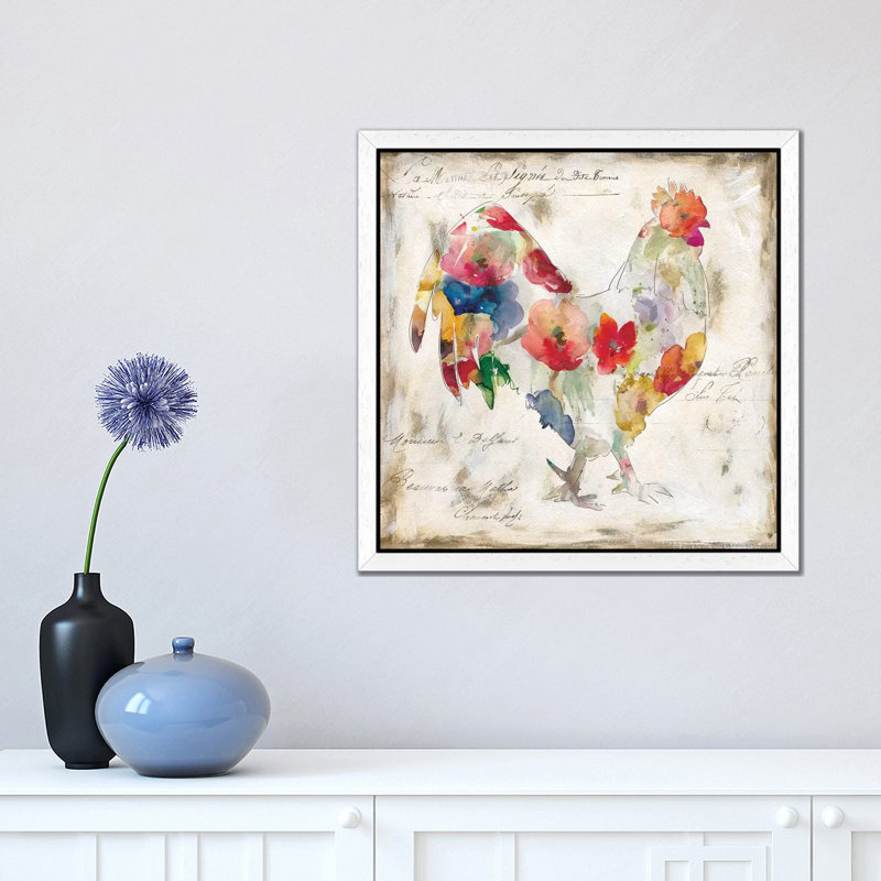 Flowered Rooster by Carol Robinson - Painting on Canvas, 45.72 cm H x 45.72 cm W, White Framed