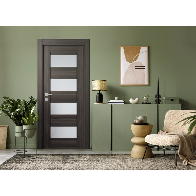 Gray Oak Solid Pine and MDF Door with Frosted Glass Panels