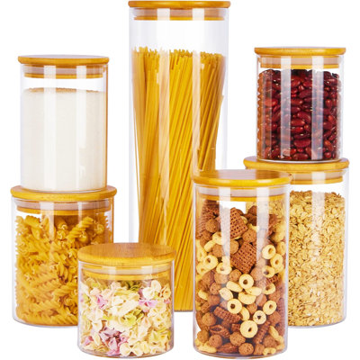 Glass Food Storage Jars, 7 Pack Kitchen Containers With Airtight Bamboo Wooden Lids For Pasta, Cookies, Nuts, Coffee Beans, Cereal, Canisters Set For Flour, Pantry Organization, BPA Free
