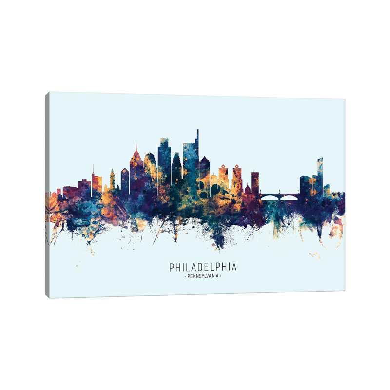 Philadelphia Skyline Blue Orange by Michael Tompsett - Wrapped Canvas Print, 101.6 cm H x 66.04 cm W x 3.175 cm D