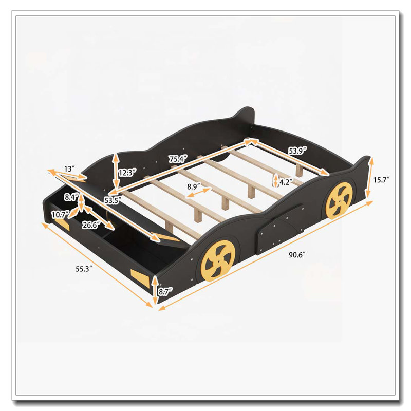 Lit plateforme avec roulettes et rangement Race, Noir / Jaune, Lit double
