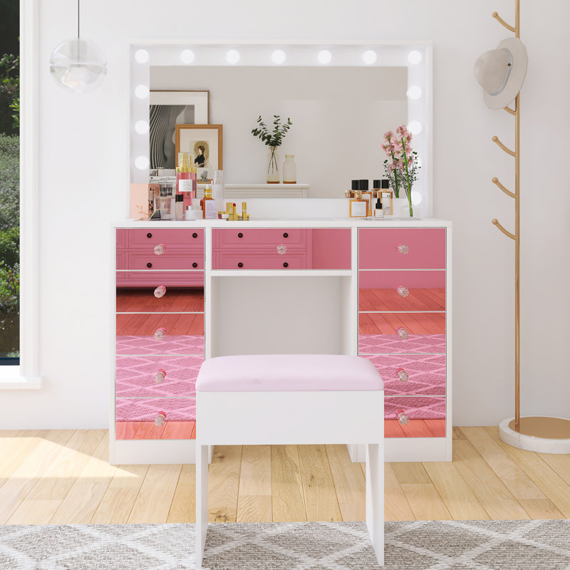 Coiffeuse à maquillage moderne avec tabouret rembourré, ampoules Hollywood
