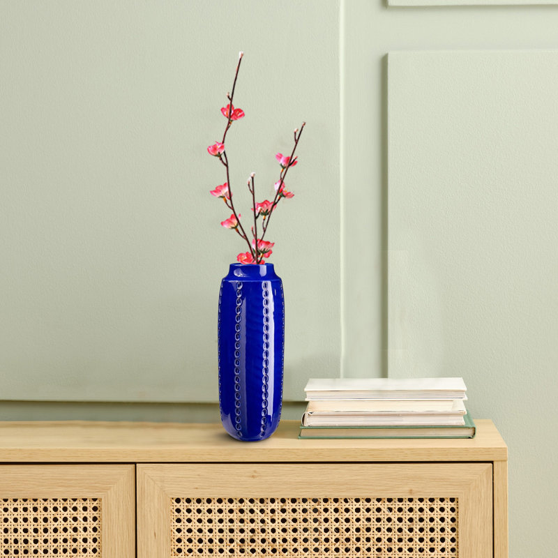 Vase avec cadre en céramique et colonne à pois, petit, bleu, H 11 po x l 4 po x P 4 po