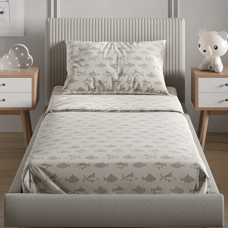 Twin Gray Fish Print Microfiber Deep Pocket Sheet Set