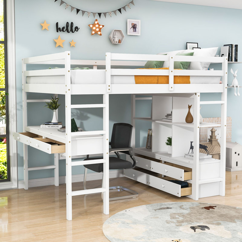Funda Full Size Loft Bed with Built-in-Desk and 6 Drawers by Harriet Bee, White