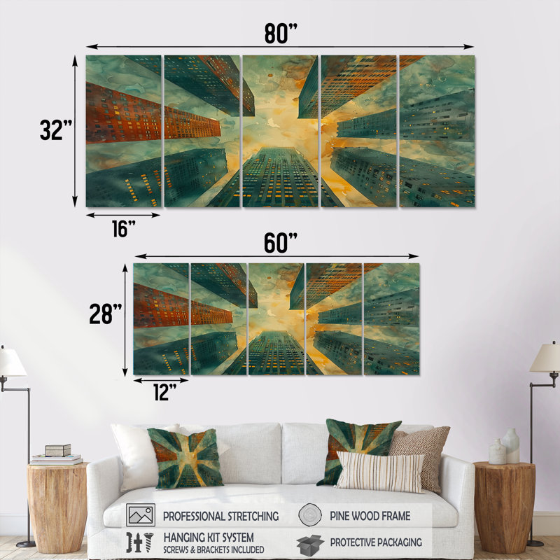 Vert, rouge, urbain, rétro, gratte-ciel, ensemble d'art sur toile gratte-ciel, H 32 po x l 80 po