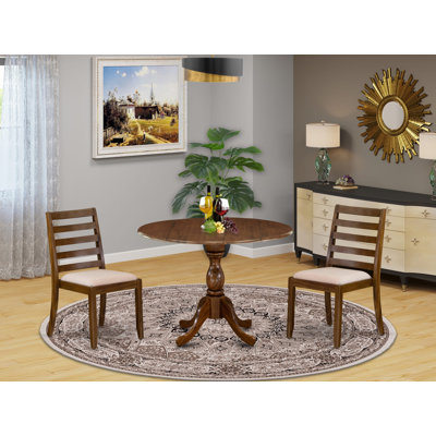 Ensemble de table de cuisine 3 pièces F313A72B9DA0471FA414A5BDBFDB2D96 - table ronde et 2 chaises empilables en tissu lin beige clair, fini noyer antique.