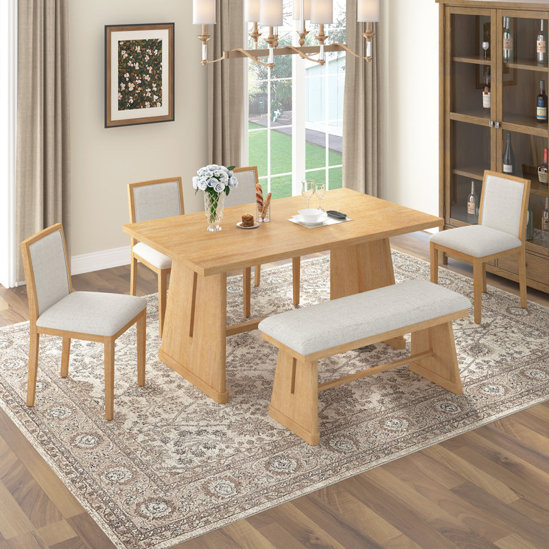 Ensemble de table de salle à manger rustique 6 pièces avec motif brossé, Naturel