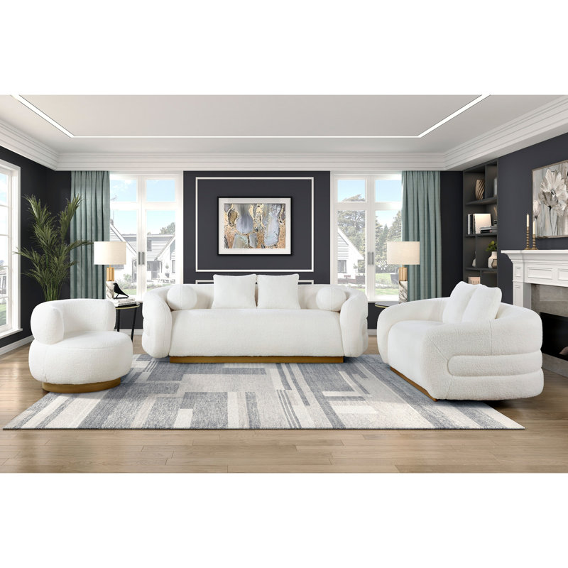 Ensemble de canapé de salon de luxe 3 pièces avec causeuse et tissu blanc et doré