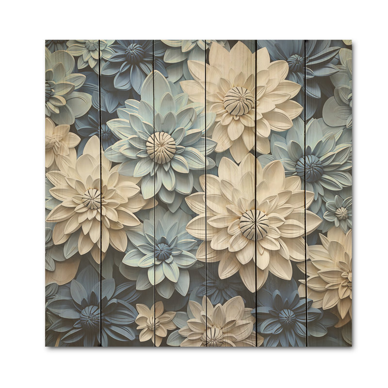 Blanc et bleu minimalisme Zinnias - Zinnias, art mural sur bois de pin naturel, H 30 po x l 30 po