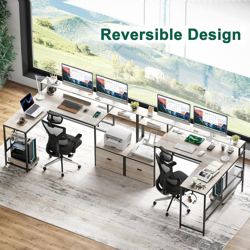 Mehalek L-Shaped Computer Desk with Power Outlet, Gray