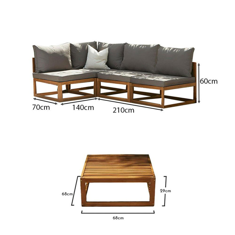 Rowan 4 Seater Wooden Garden Corner Sofa with Coffee Table - Grey, Grey