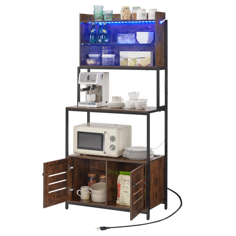Black Steel 6-Tier Bakers Rack with LED Lights and Power Outlet