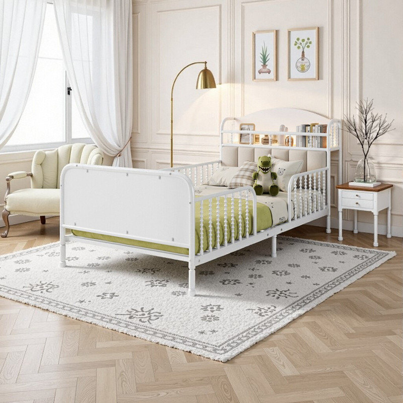 Structure de lit plateforme simple en métal avec lumières DEL, lit pour enfant avec tête de lit tapissier avec rangement