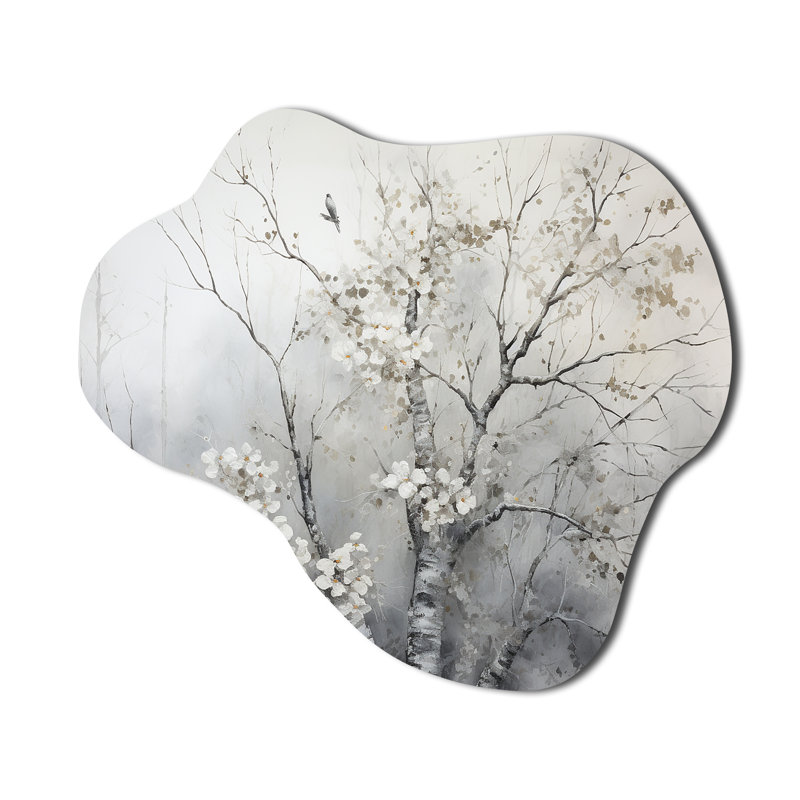 Grey Tree Monochrome Reverie - Cloud Tree Monochrome Metal Wall Art, Asymmetrical Metal Wall Sculpture Print