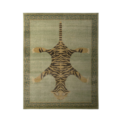 Classic Pictorial Tiger Rug Green Orange Custom Pattern By Rug & Kilim