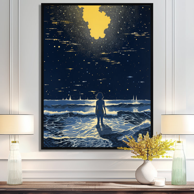 Âmes marchant avec lumière, océan, pleine lune, vagues II - paysage abstrait, art mural, salon, H 20 po x l 12 po x P 1 po