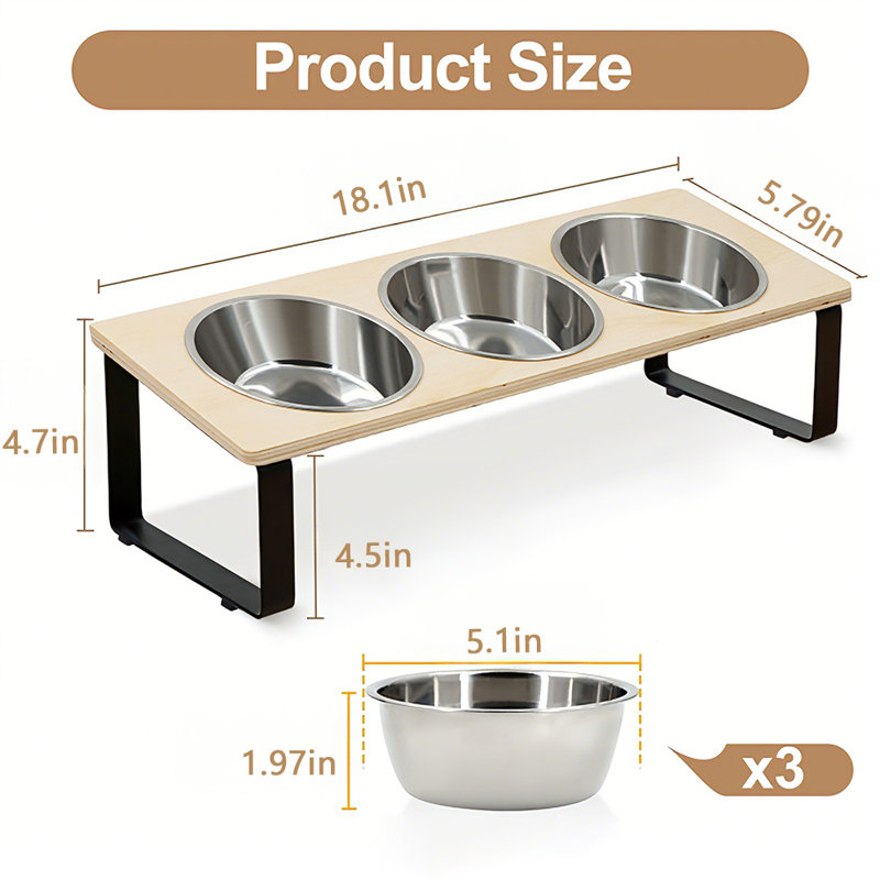 3 Stainless Steel Bowls Raised Pet Feeder for Multiple Cats