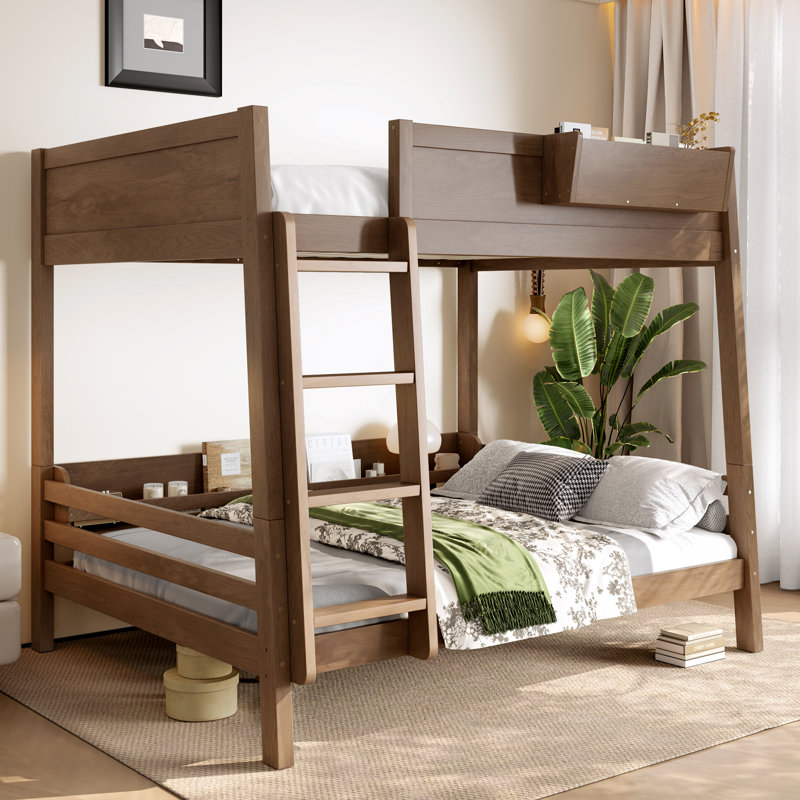 Full Bunk Bed With  Storage Shelf and Bookshelf,Wood Bunk Bed with Ladder and Guardrails,Detachable Design,Vintage Wood, Wood