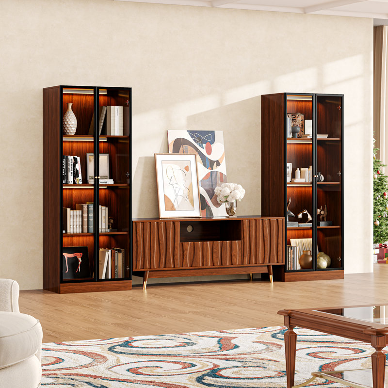 Meuble audio-vidéo 103 po x l 103,1 po avec tablettes pour télé 35/45/55 po, meuble télé Mid-Century moderne avec meuble télé avec rangement et deux vitrines à 4 niveaux avec portes en verre pour le salon, brun