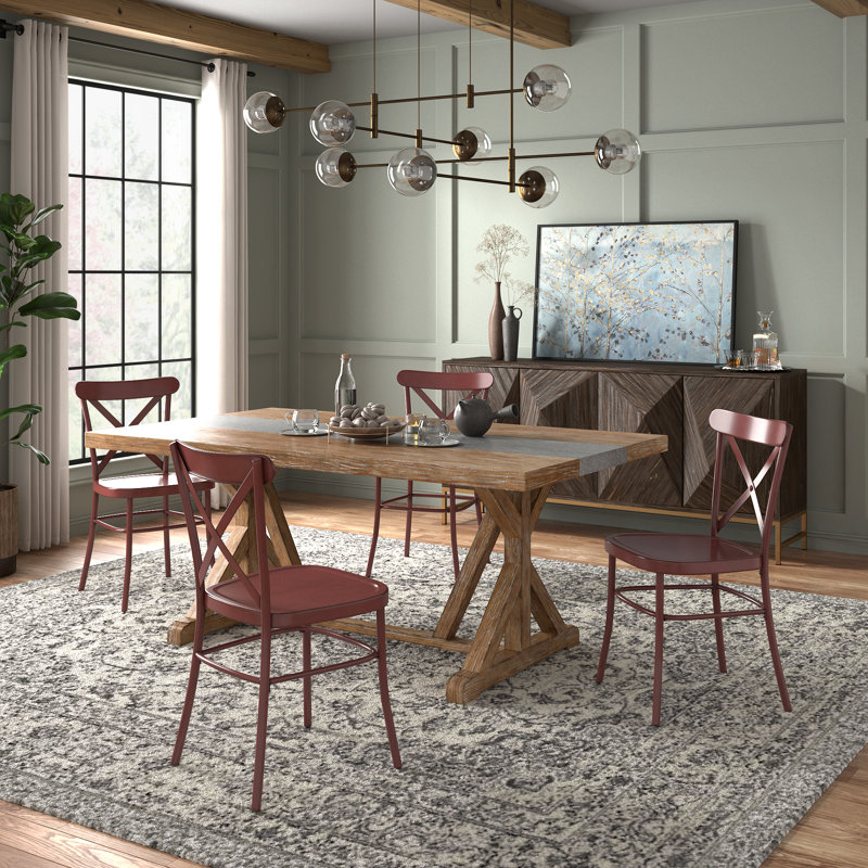 Cann Rustic Pine Frame Concrete Veneer Top Dining Table Set - Stripe Concrete Veneer Top Table And 4 Chairs, Red