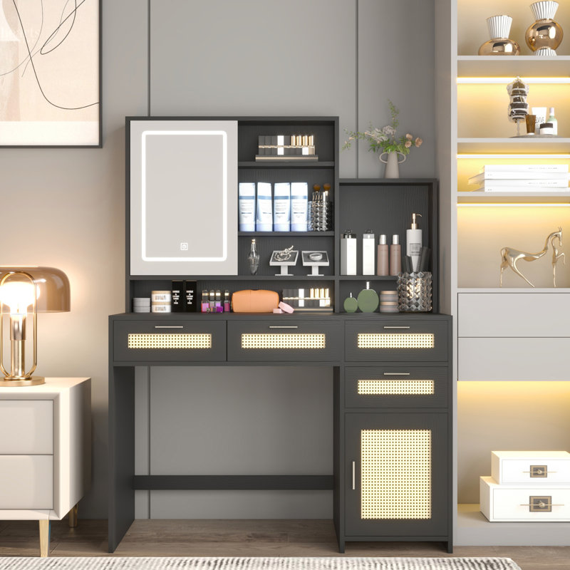 Vanity Desk With 3 Color Lights & Open Mirror, 4 Drawers 1 Cabinet Storage, Bedroom Makeup Table, Black Construction Colors Lighted Table Openable Drawers, And Shelves, Vanity,