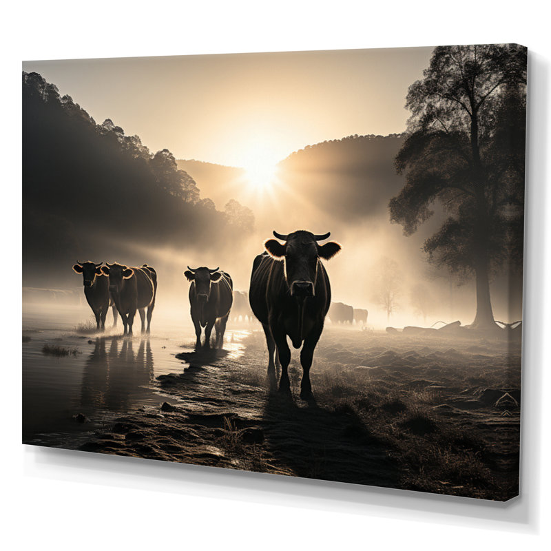 Kerbie Bétail Misty Morning Grazing III - Imprimé, H 16 po x l 32 po x P 1 po, Toile tendue