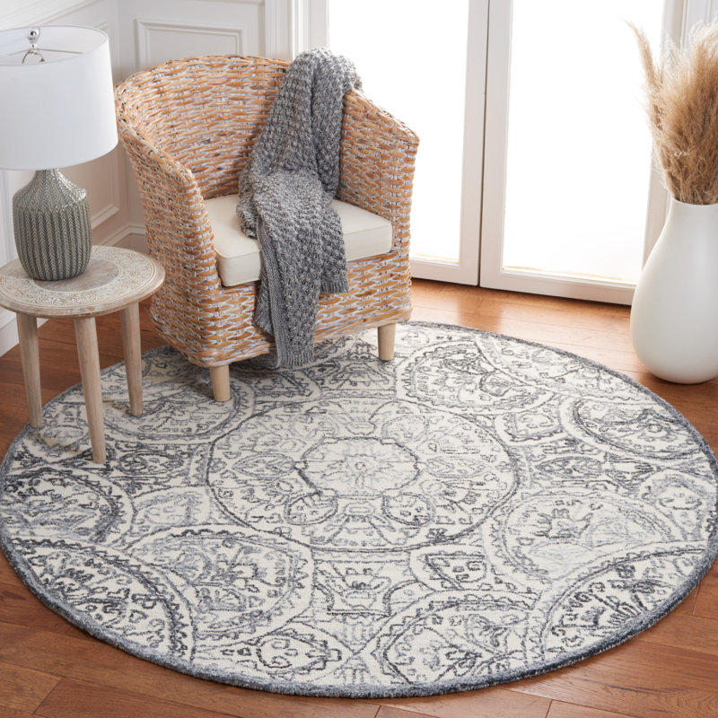 Bathilde Hand Tufted Wool/Cotton with Cotton Backing Metro Geometric Rug in Ivory/Gray, Round 6'