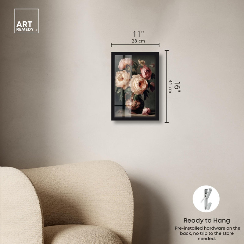 «Peony Rhapsody Shadowbox Print» par Art Remedy, H 16 po x l 11 po, Noir