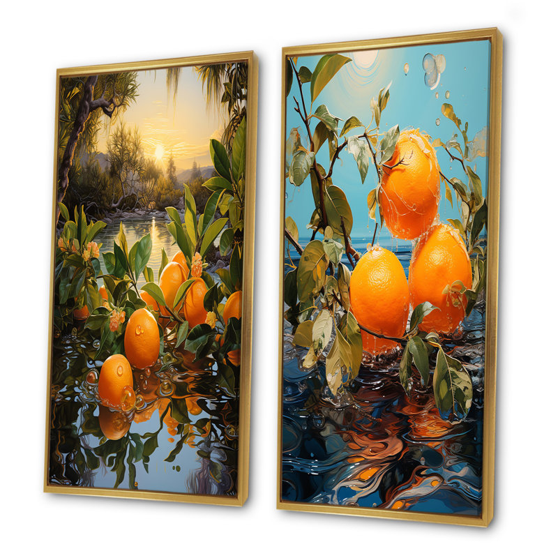 Sunset Sienna Tangerine Twilight - Fruits Canvas Art Print Set Of 2, 40" H x 41" W, Gold Framed