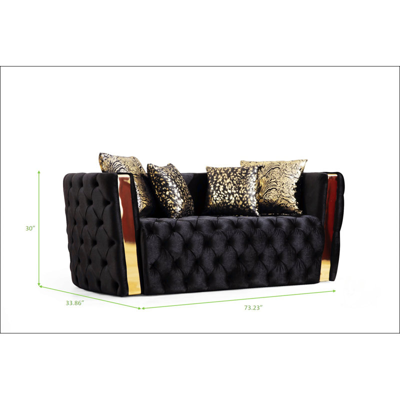 Ensemble de canapé capitonné à boutons 3 pièces avec tissu velours et accents dorés