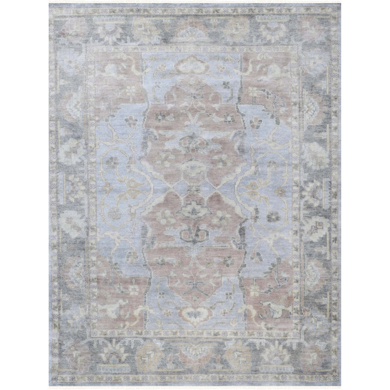 Tapis rectangulaire en laine noué à la main brun / gris / bleu clair, Rectangle de 10 pi x 14 pi