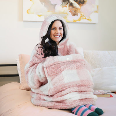 Plaid Oversized Wearable Blanket Hoodie Sweatshirt, Comfortable Sherpa Lounging Pullover