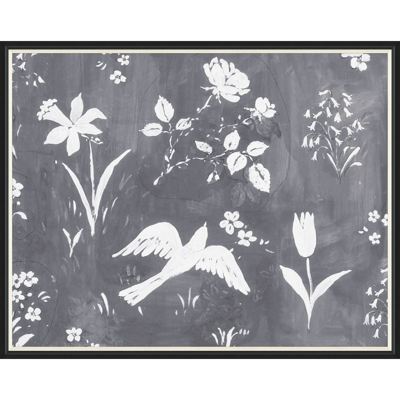 «Flower Garden Gris» par Paule Marrot - reproduction imprimée, H 43 po x l 54 po x P 1,25 po, Cadre noir