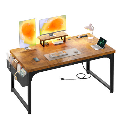 Bureau d'ordinateur l 47 po avec support pour écran et bureau à domicile plus épais de 24 mm avec prises de courant, lumières DEL, crochets pour casque et pochette de rangement, brun