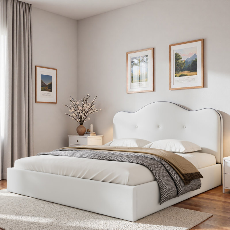 Lit plateforme tapissier avec tête de lit incurvée, Grand lit
