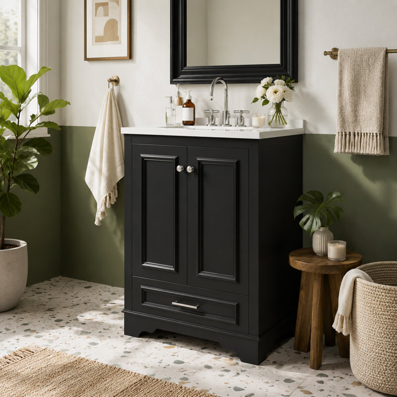Meuble-lavabo autoportant noir anthracite mat avec lavabo en céramique intégré blanc
