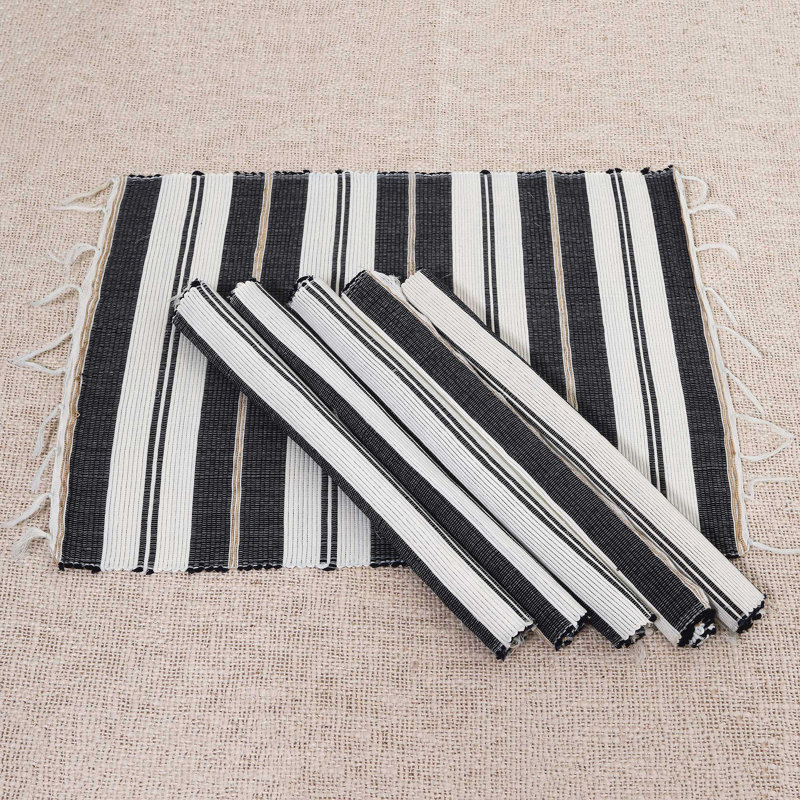 Vaimi Rectangular Striped Linen Table Topper, Black