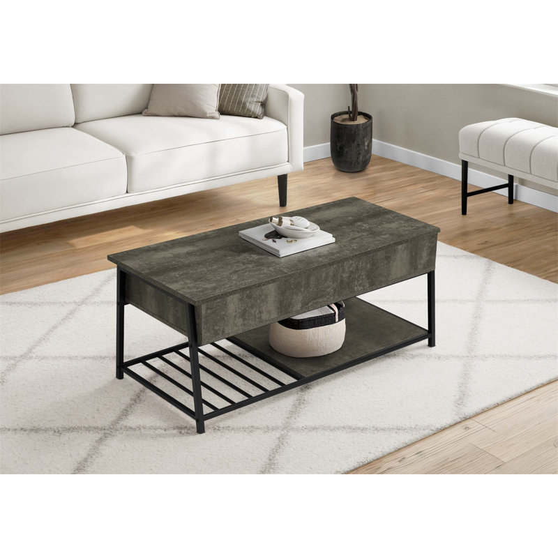 Table basse à plateau relevable moderne avec rangement, design contemporain pour le salon, structure en métal et plateau en stratifié bronze