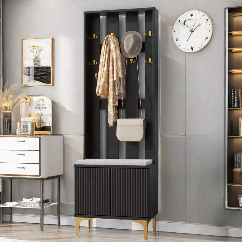 Boutwell Hall Tree With Cushion, Versatile Coat Rack With 8 Gold Hooks And Legs, Entryway Bench With Adjustable Shelves & Fluted Doors